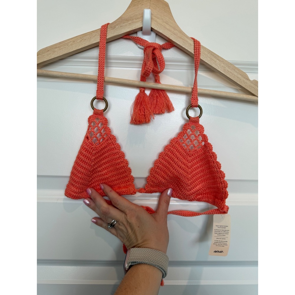 Aerie Crochet Triangle Bikini Top Coral Orange Tassel Halter XS New